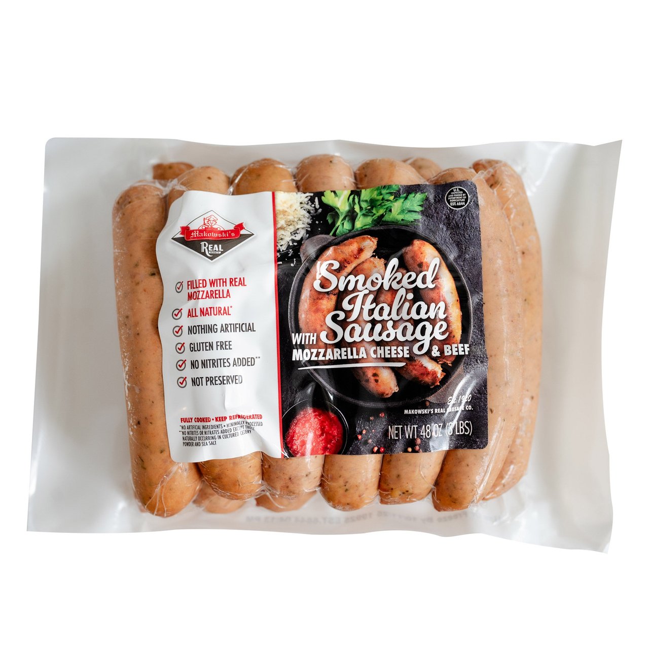 Makowski's Real Sausage Smoked Italian Sausage with Mozzarella Cheese, 48 oz Package - Image 1