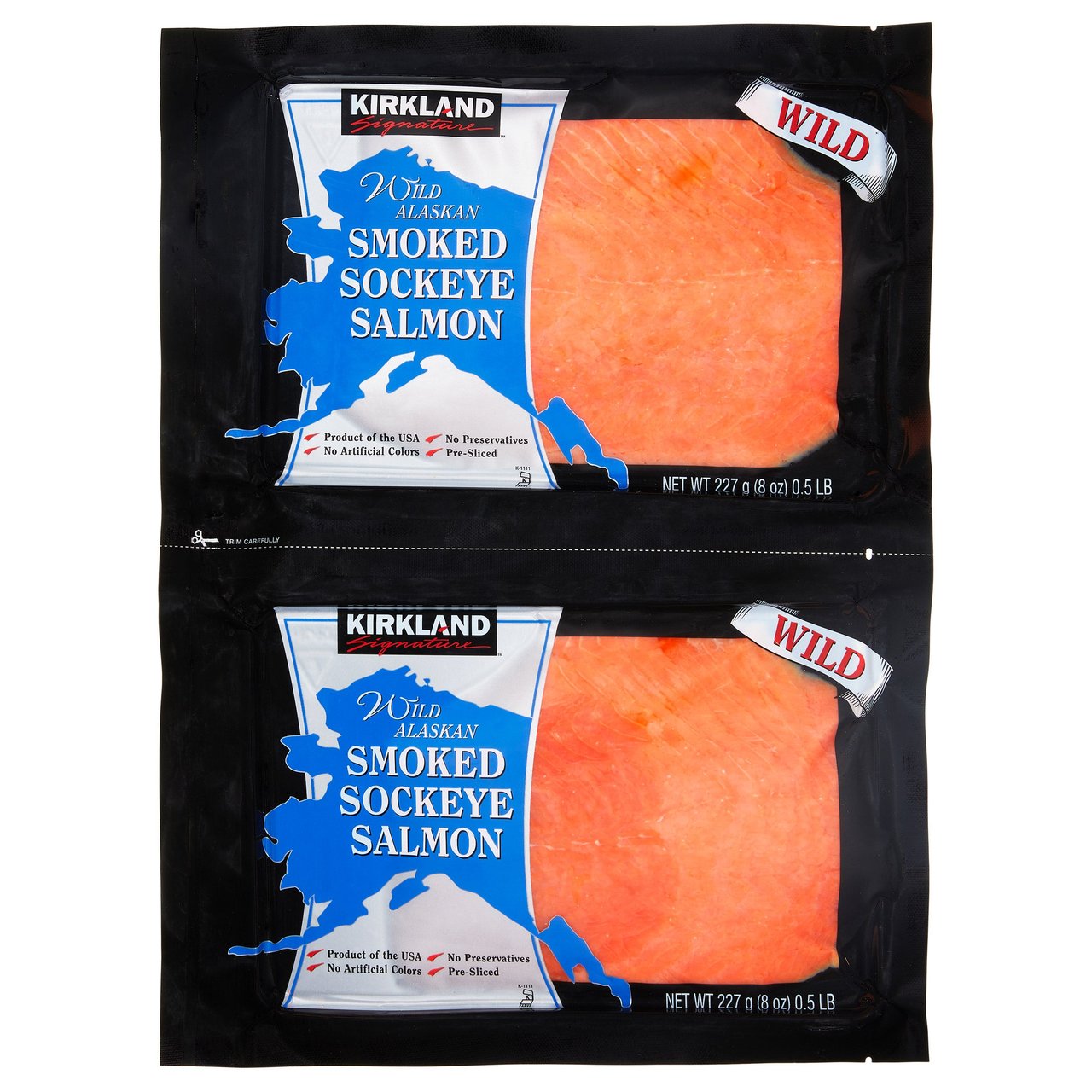 Kirkland Signature Wild Smoked Sockeye Salmon, 2 Pack, 8 Ounces Each - Image 1