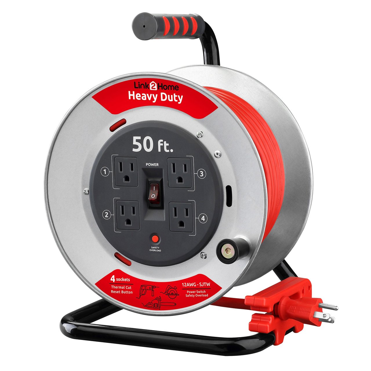 Link2Home Heavy Duty Professional Grade Metal Cord Reel 50 ft. 12 AWG SJTW Extension Cord with 4 Power Outlets - Image 1