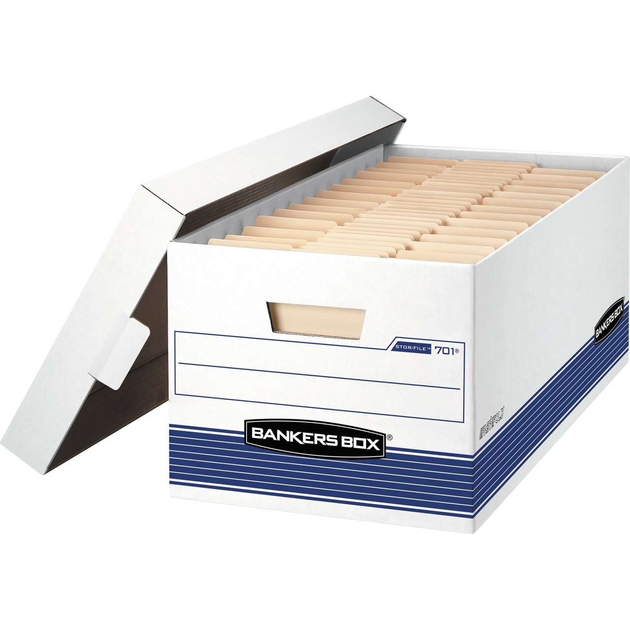 Bankers Box Stor/File Medium-Duty Storage Box, White/Blue, 4-Pack (FEL0070104)