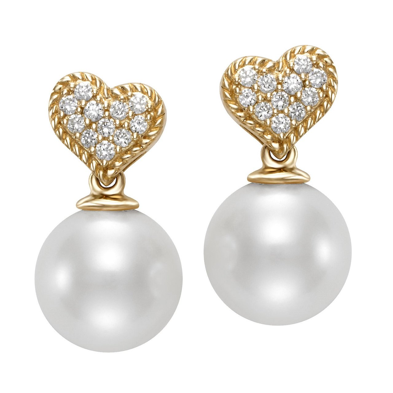 14kt Yellow Gold & Diamond Freshwater Cultured Pearl 8-8.5mm Heart Earrings - Image 1