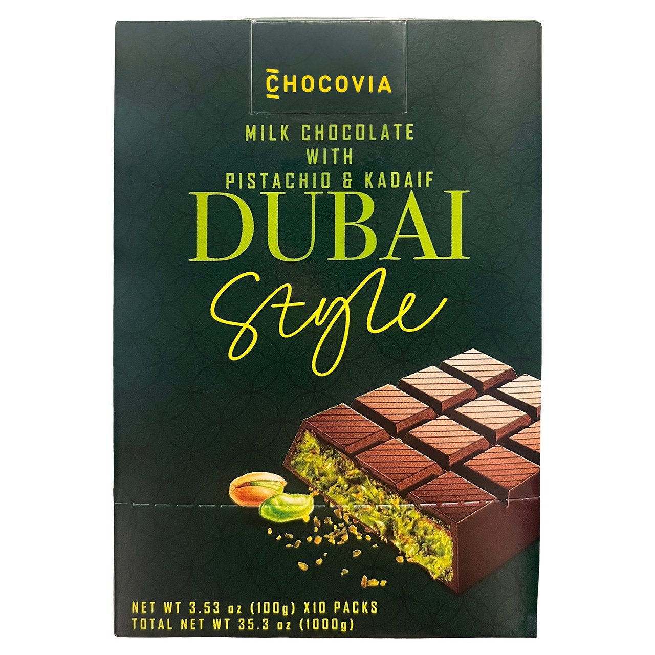 Chocovia Dubai-Style Milk Chocolate with Pistachio and Kadayif 10CT/3.53oz - Image 1