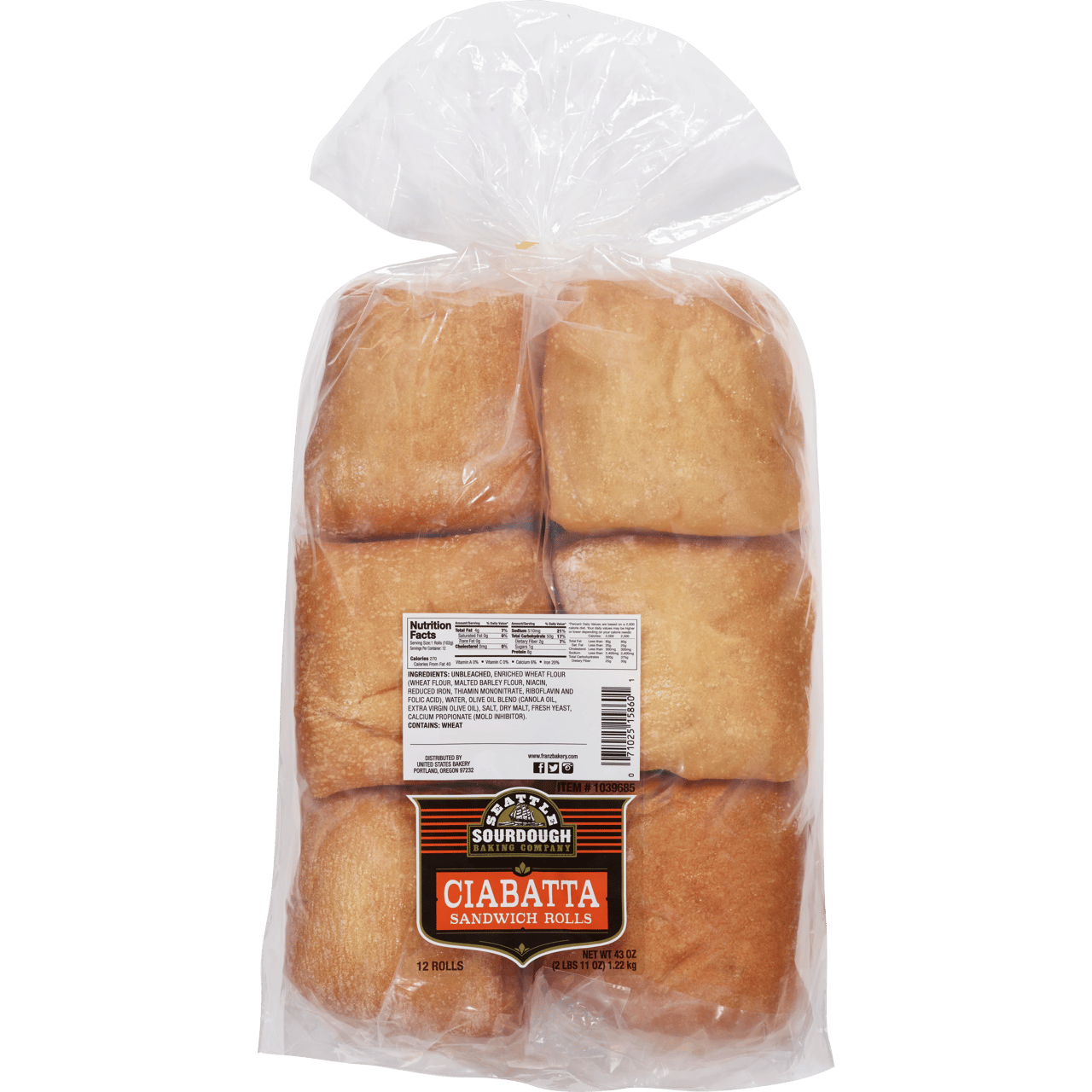 Seattle Sourdough Sliced Ciabatta Rolls 12 CT