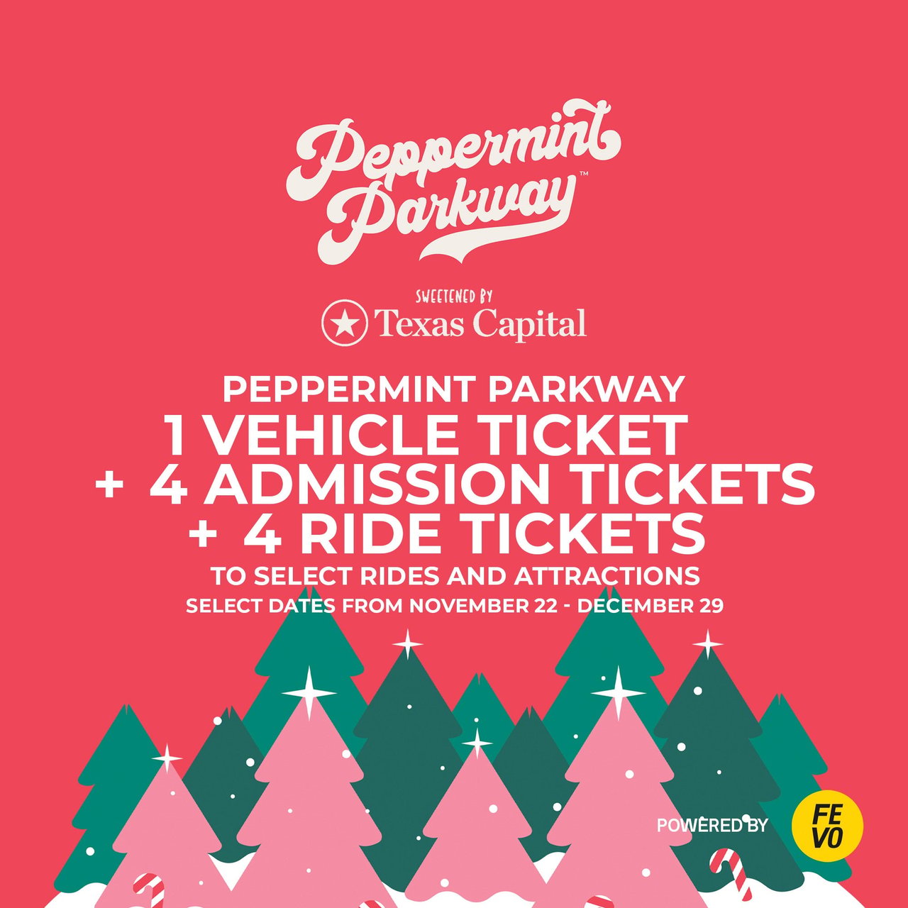 Peppermint Parkway – 1 Vehicle Ticket + 4 Ride Tickets (eVoucher, Non-Refundable)