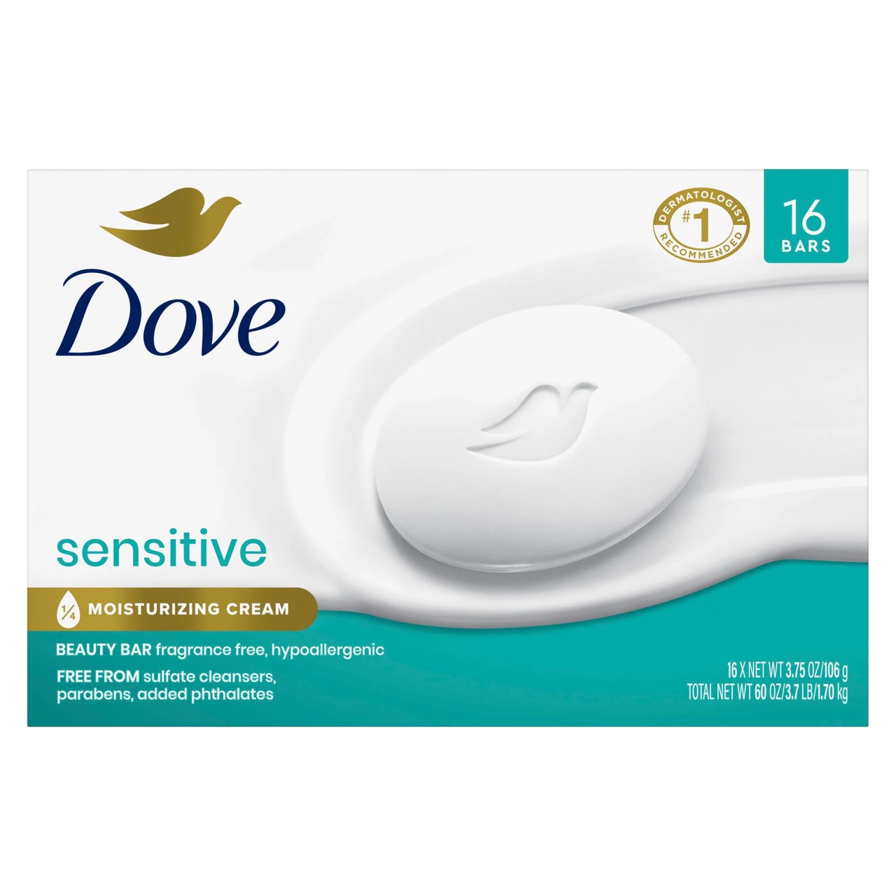Dove Sensitive Skin Beauty Bar Soap 16 Pack, 3.75 oz - Image 1