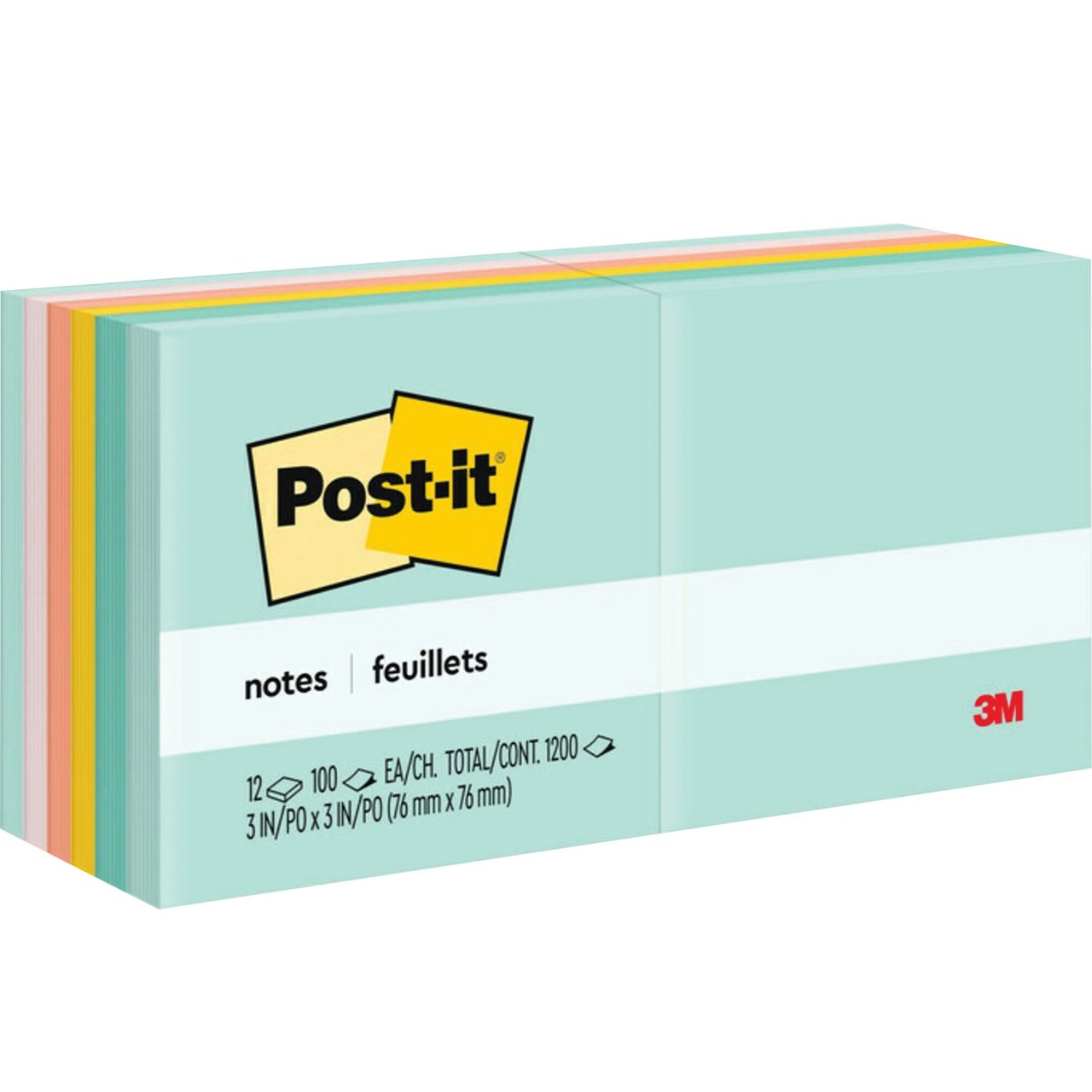 Post-it Self-Stick Notes, 3" x 3", 100 Sheets, Assorted Pastel Colors, 12 CT - Image 1