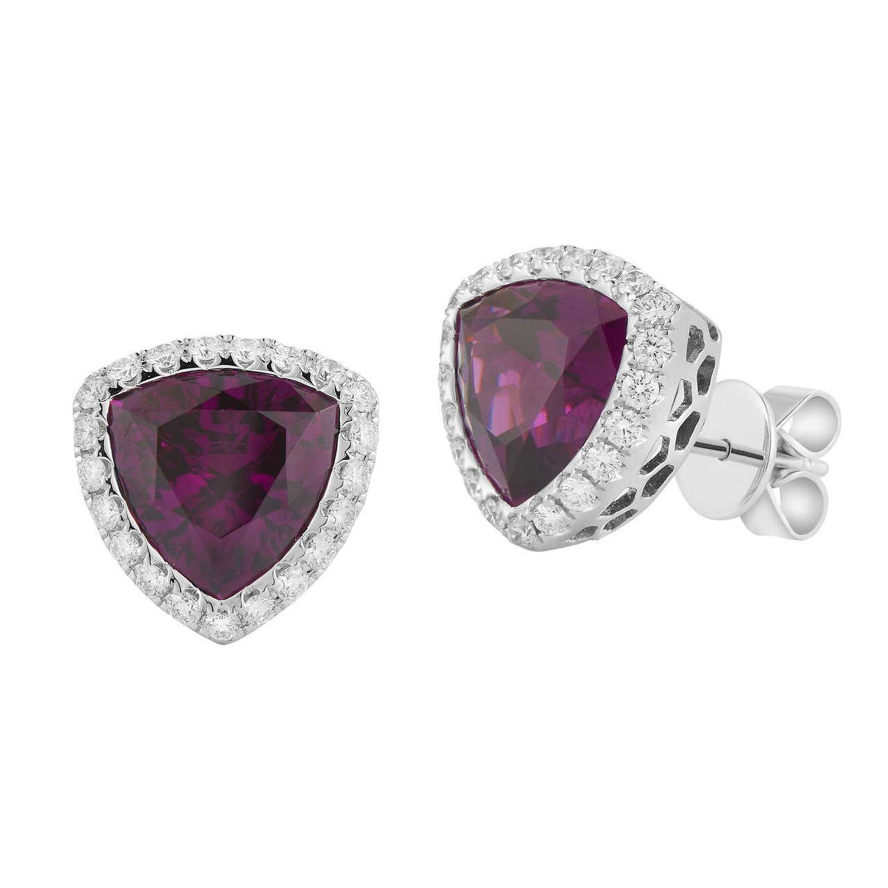 10.32 CTW Trillion Cut Rhodolite Garnet and 1.12 CTW Diamond 18KT White Gold Earrings - Image 1