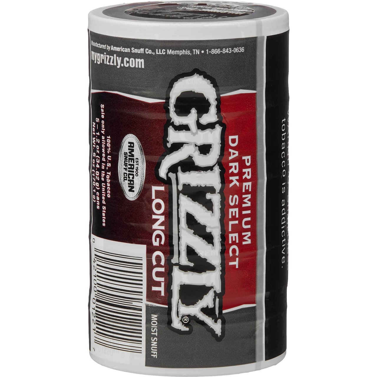 Grizzly Premium Dark Select Long Cut Moist Snuff, 1.2 oz, 5-Pack