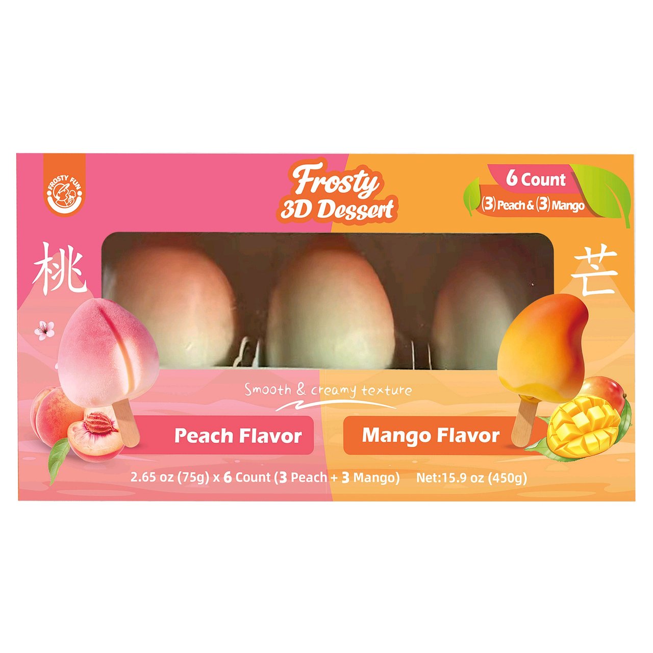 Frosty Fun Peach & Mango 3D Fruit Shaped Frozen Dessert, 6 Count, 15.9 oz - Image 1