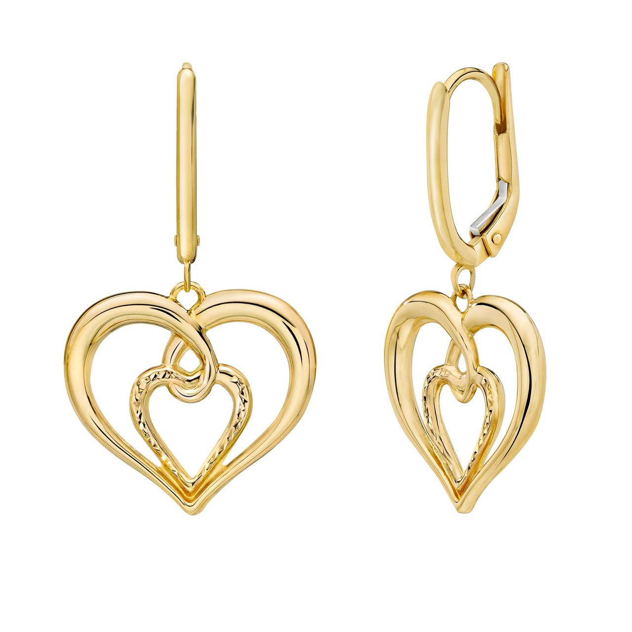 14KT Yellow Gold Diamond Cut Heart Dangle Earrings - Image 1