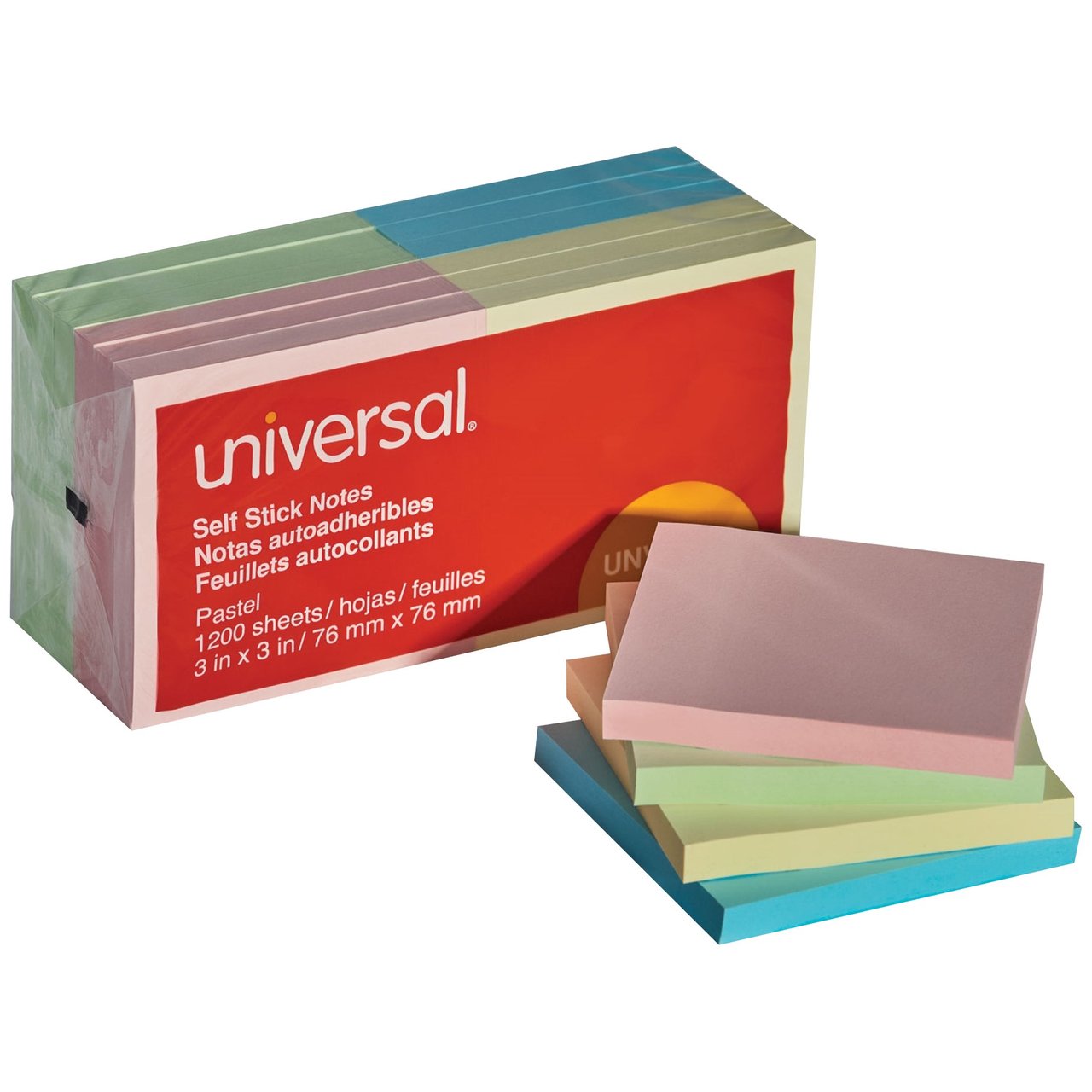 Universal Pastel 3x3 Sticky Notes UNV35669, 100 Sheets, 12-Pack - Image 1
