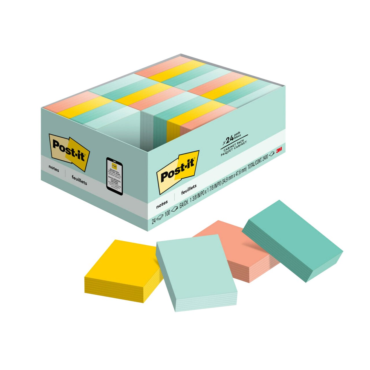 Post-it Notes Value Pack, 1.5" x 2", Assorted Colors, 100 Sheets/Pad, 24 Pads - Image 1