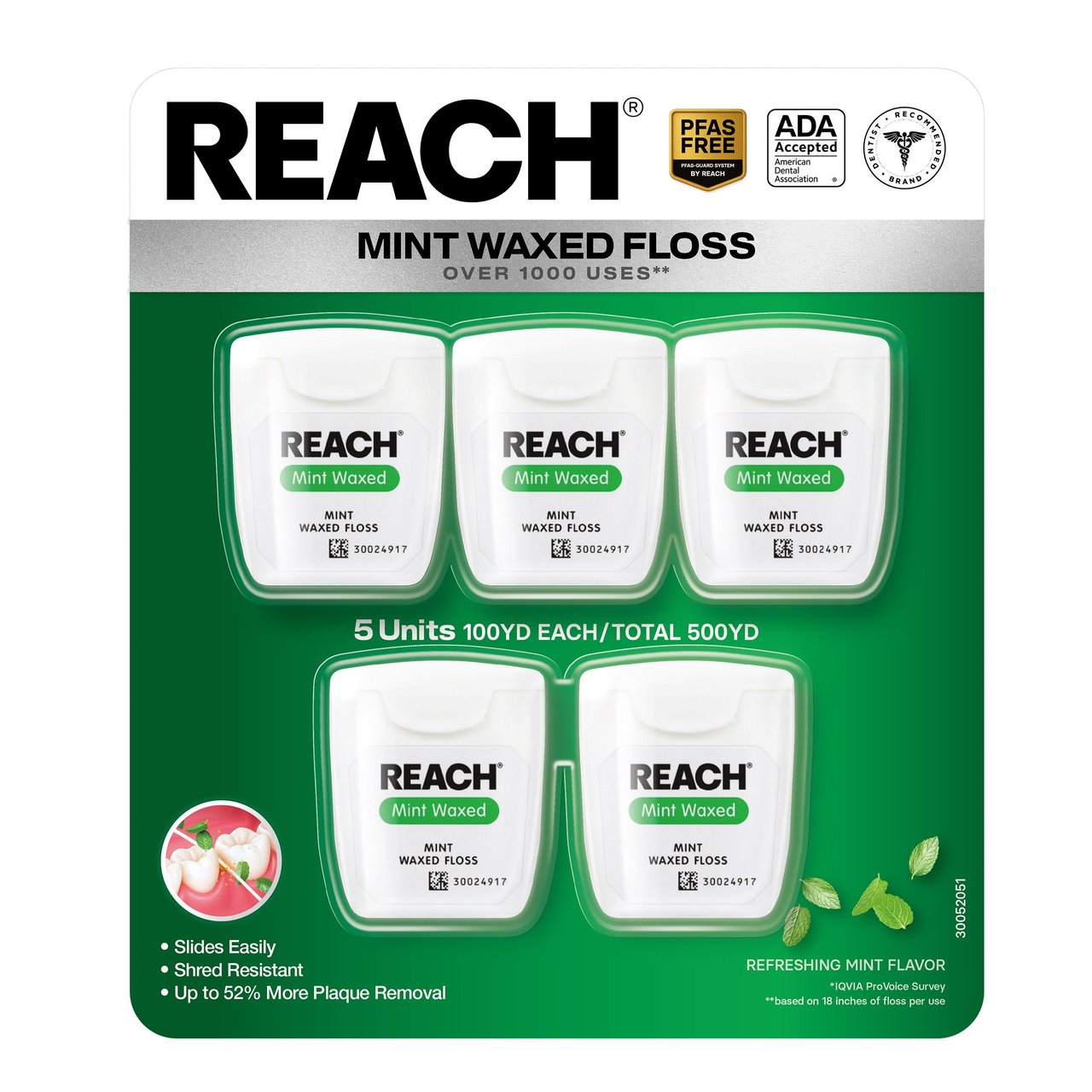 Reach Mint Waxed Dental Floss, 5-Pack, 500 Yards Total - Image 1