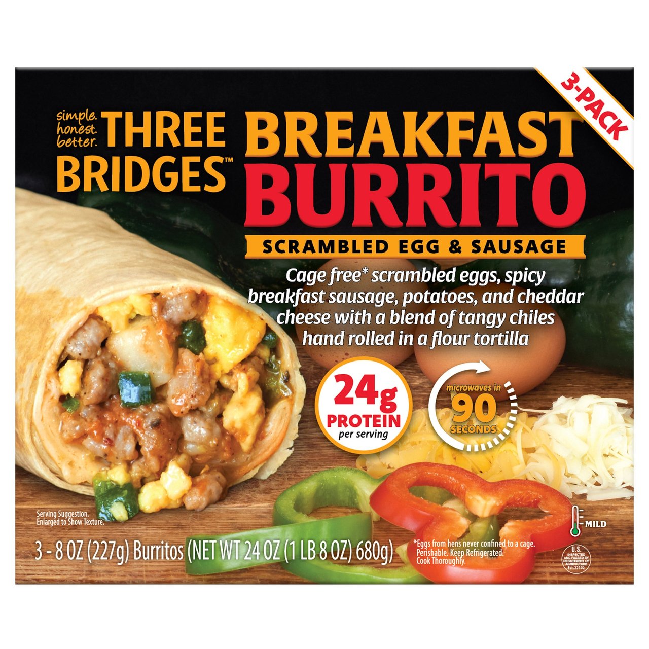 Three Bridges Sausage & Egg Burrito 3 / 8OZ - Image 1
