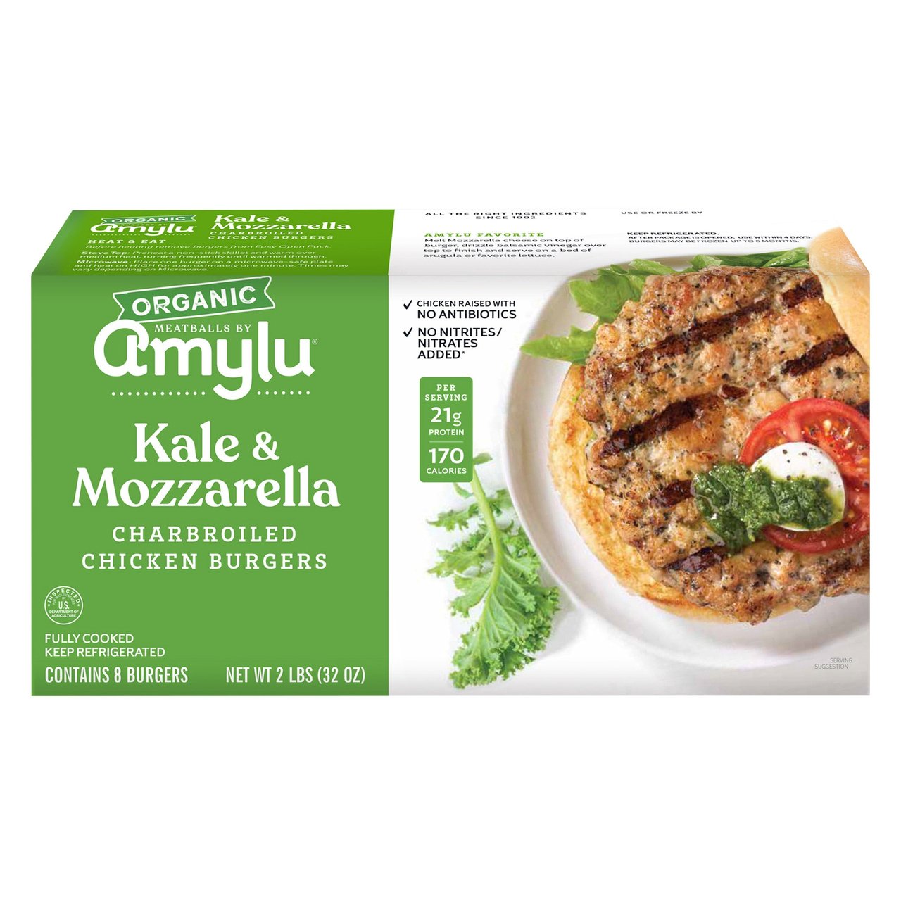 Amylu Organic Kale & Mozzarella Chicken Burgers 32 oz - Image 1