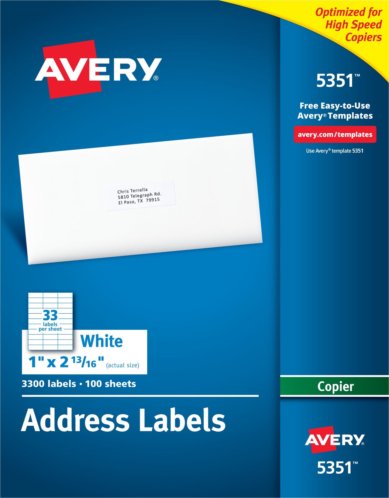 Avery 1" x 2.75" Copier Address Labels AVE5351, 3300 Count
