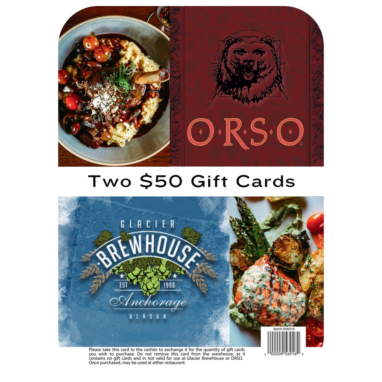Glacier BrewHouse & ORSO Two $50 Gift Cards (Non-Refundable) - Image 1