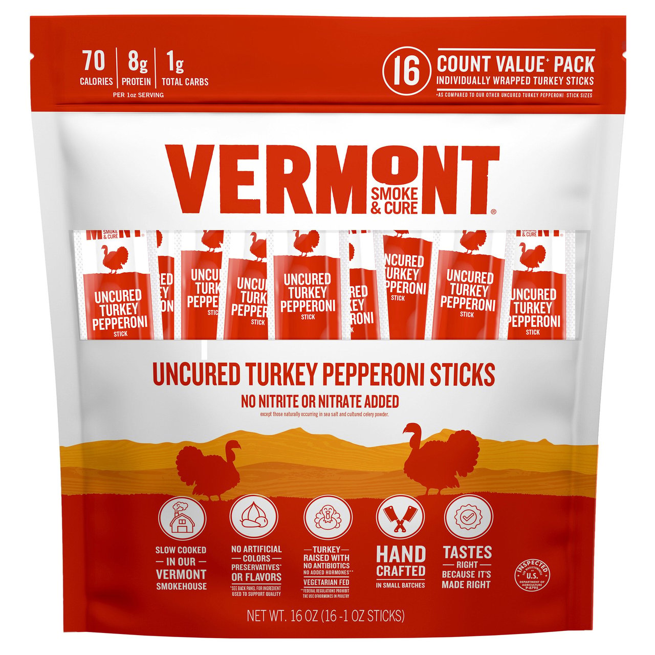 VERMONT SMOKE & CURE TURKEY PEPPERONI STICK 16 CT (1.0 LBS) - Image 1