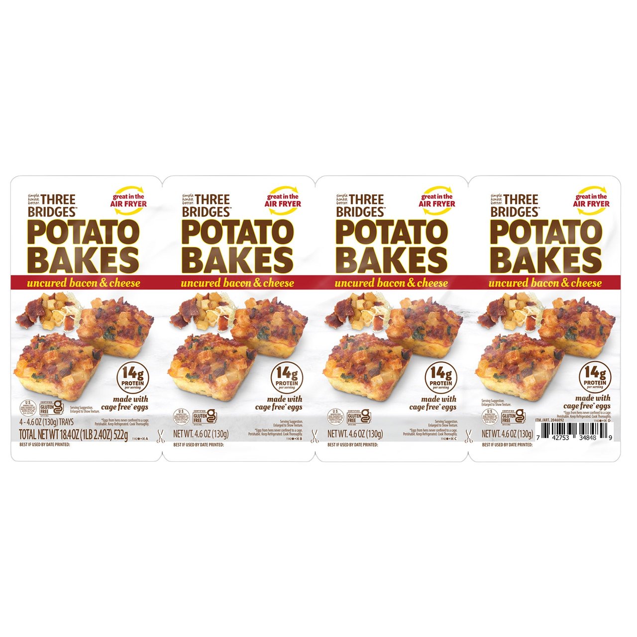 Three Bridges Potato Bakes Uncured Bacon & Cheese, 4/4.6 oz - Image 1