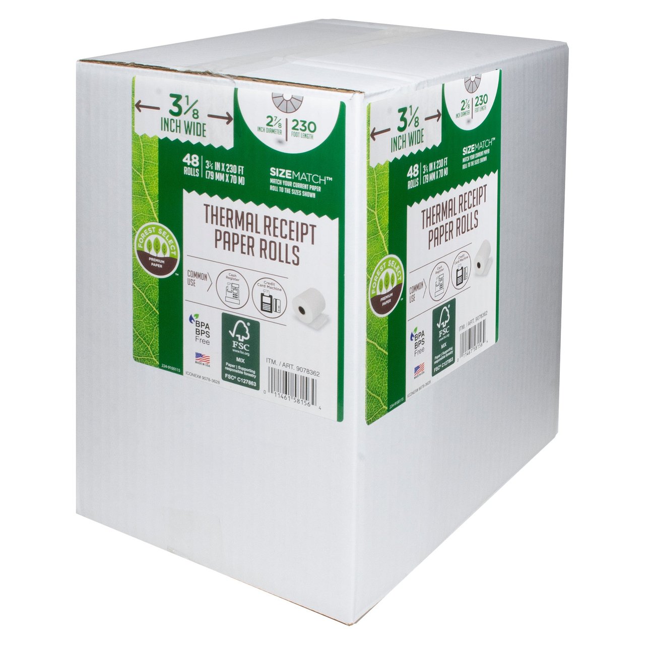 Forest Select Phenol-Free Thermal Receipt Paper Rolls, 3-1/8" x 230', 48-Count