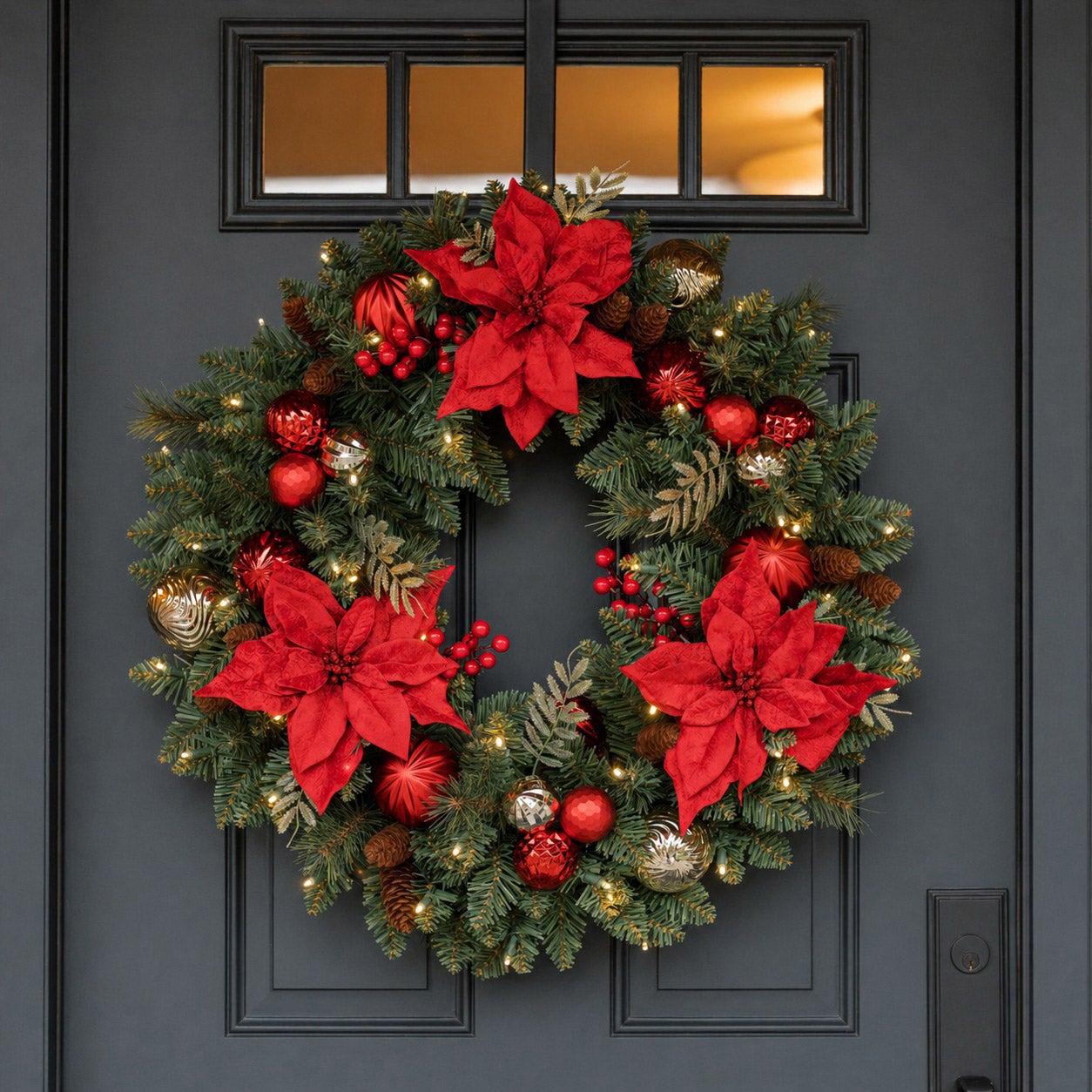 30" PRE-LIT FLOCKED POINSETTIA WREATH RED - Image 1