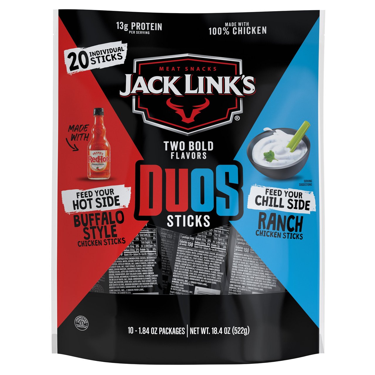 Jack Link's Duos Buffalo Style and Ranch Chicken Sticks, 18.4 Ounce Bag - Image 1