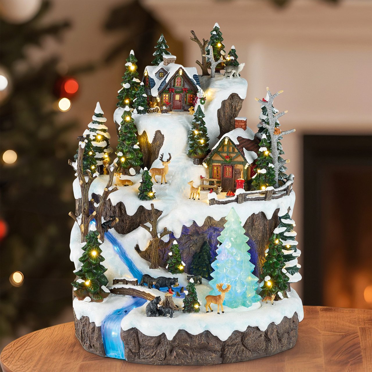 SNOWY WOODLAND VILLAGE CENTERPIECE WITH LED LIGHTS AND MUSIC - Image 1