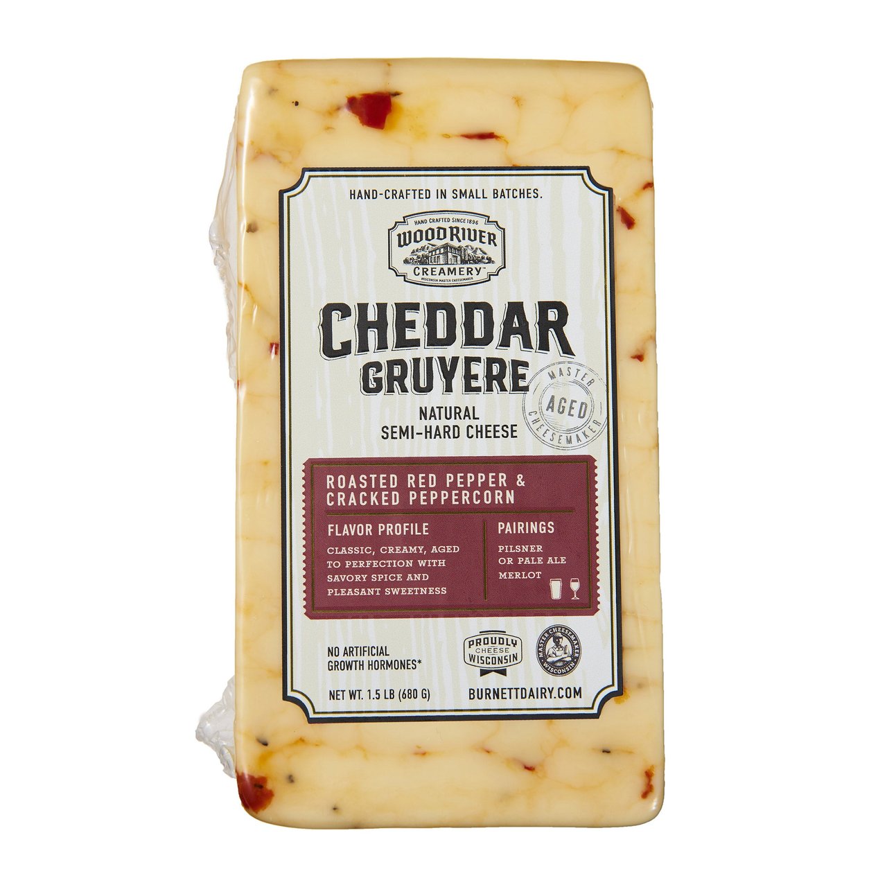 Wood River Creamery Roasted Red Pepper & Cracked Peppercorn Cheddar Gruyere 24 Ounce Package - Image 1