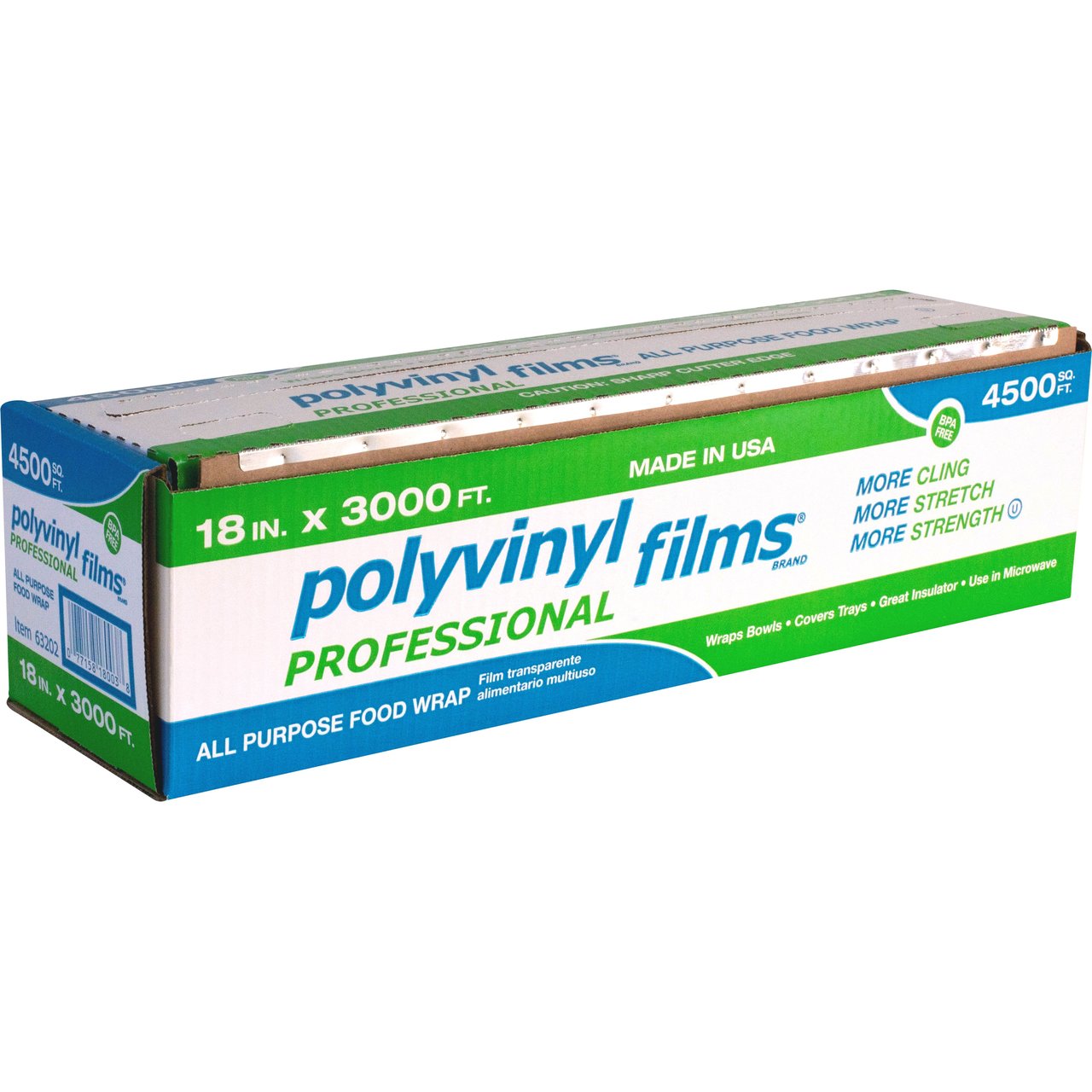Polyvinyl Films All Purpose Clear Food Wrap, Cutter Box, 18" x 3000'