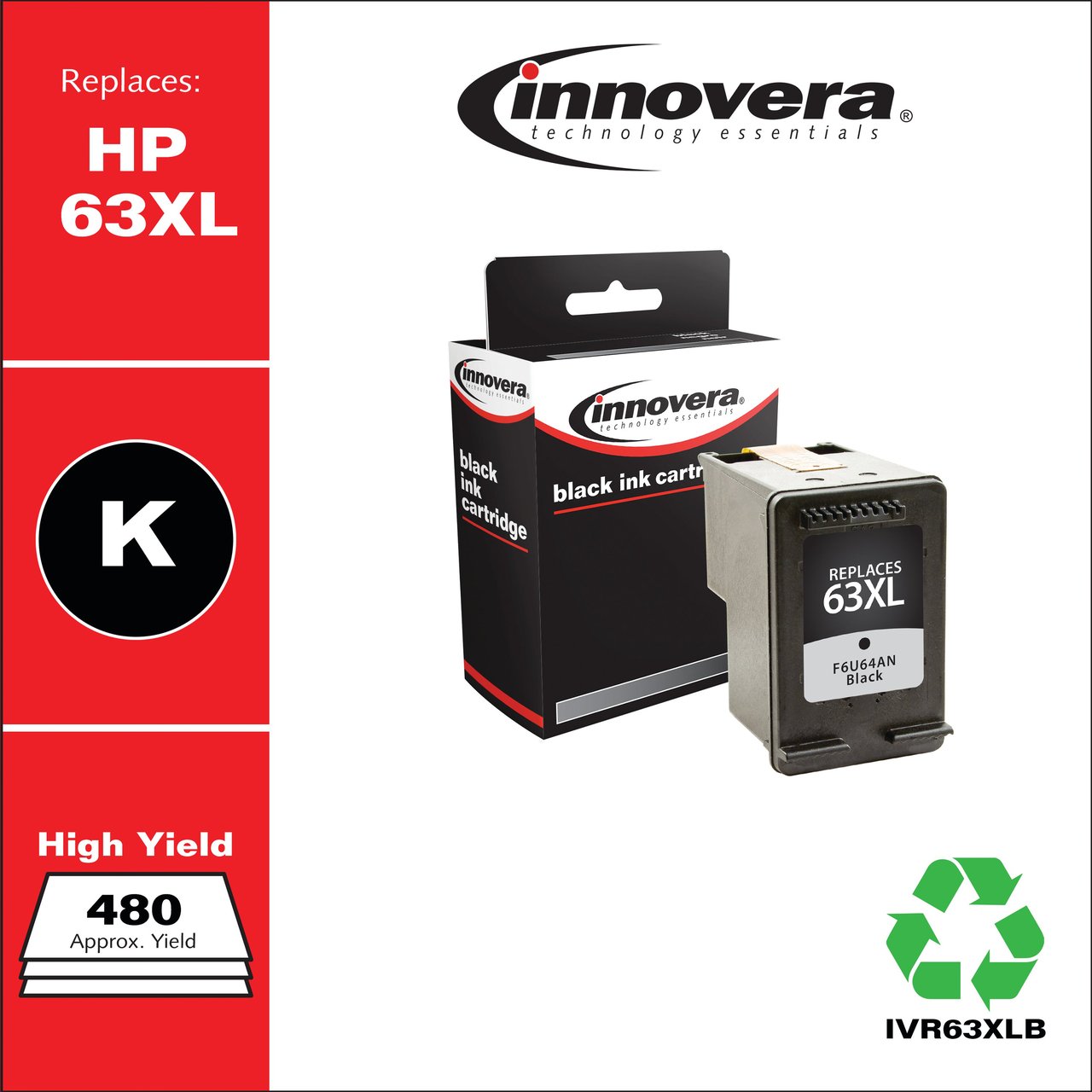 Innovera Black Ink Cartridge Replacement for HP 63XL (IVR63XLB) - Image 1