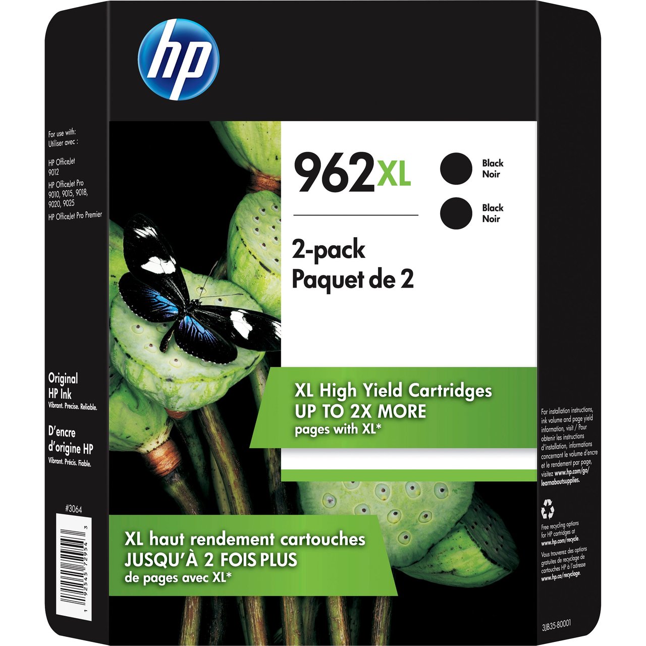 HP 962XL High Yield Ink Cartridge, Black, 2-Pack