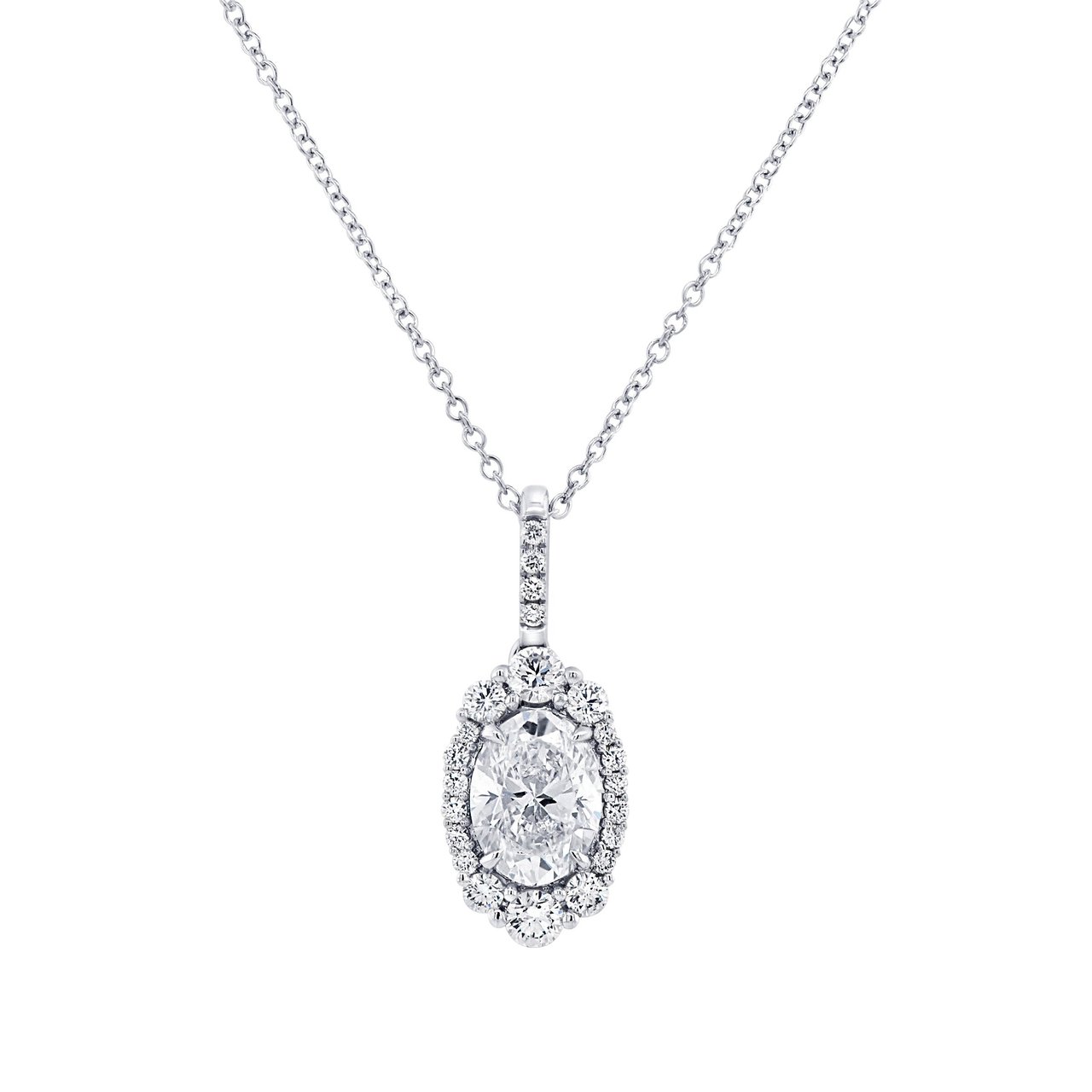 1.30 CTW Oval Cut 18KT White Gold Diamond Halo Necklace, 1.00 CT Center, VS2 Clarity, G Color, 18" - Image 1