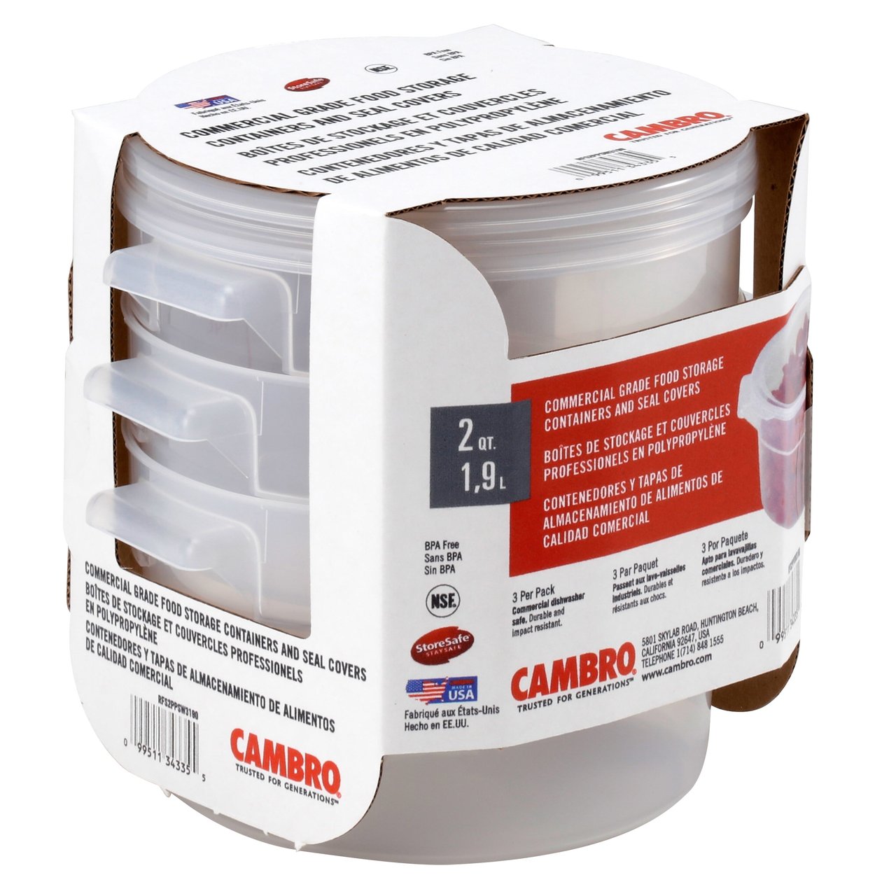 Cambro 2 Quart Round Food Storage Container with Lid, 3-Pack - Image 1