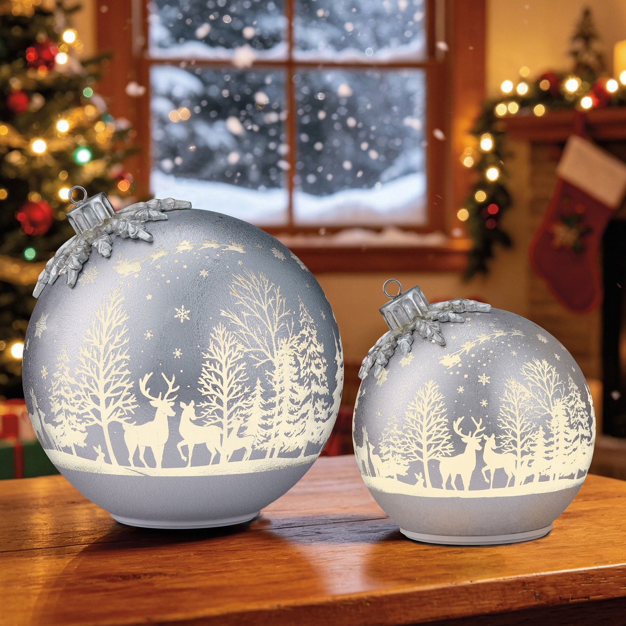 ROTATING GLASS ORNAMENTS SILVER SET OF 2 - Image 1