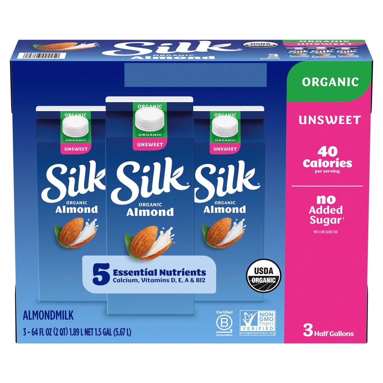 Silk Organic Unsweetened Almondmilk, 3 Pack, 64 oz Each - Image 1