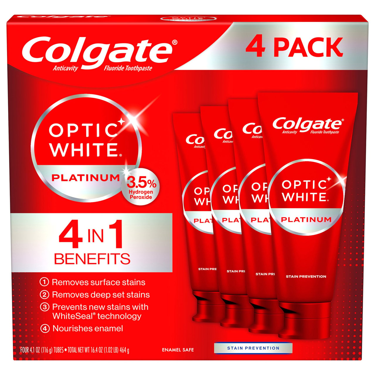 Colgate Optic White Platinum Toothpaste, 4-Pack, 4.1 oz Each
