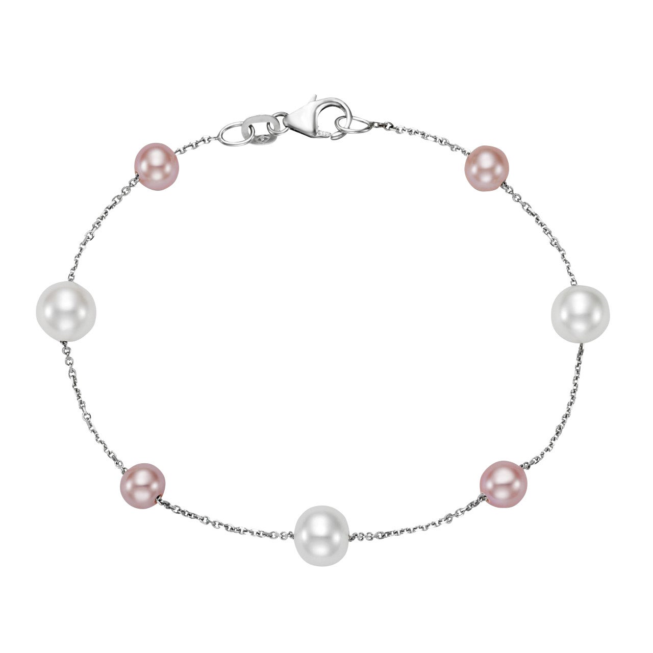 5-7.5mm Pink & White 14kt White Gold Freshwater Cultured Pearl Bracelet, 7.5" - Image 1