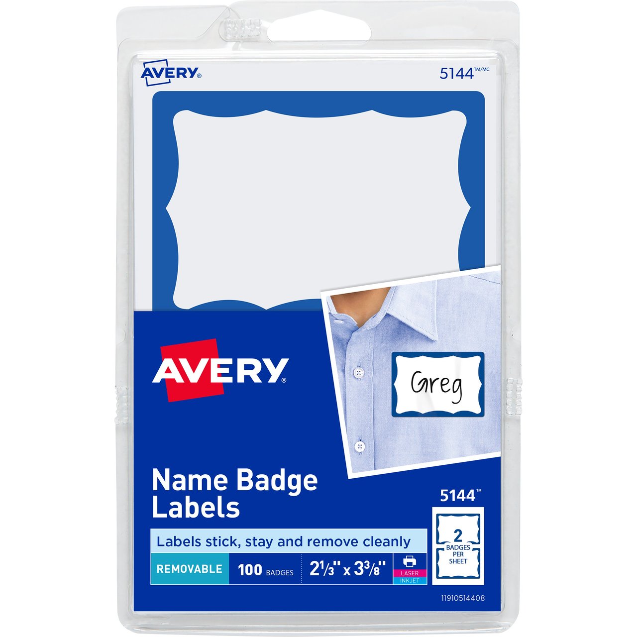 Avery Adhesive Name Badge Labels, Blue Border, 2-1/3" x 3-3/8", 100 Count (5144) - Image 1