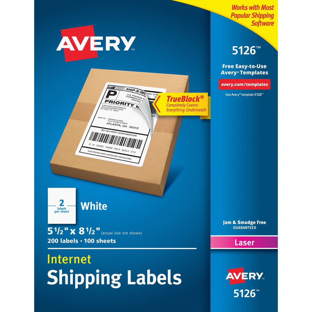 Avery 5126 TrueBlock Laser Shipping Labels, 5-1/2" x 8-1/2", 100 Sheets, 2 Per Sheet - Image 1
