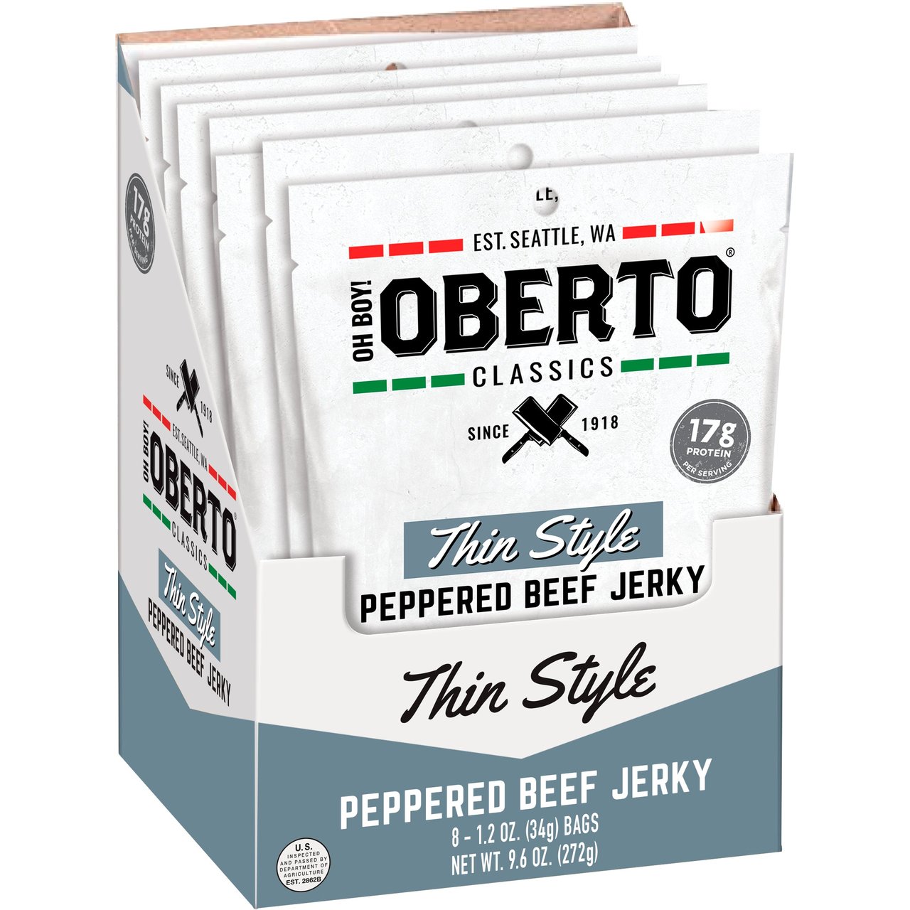 Oh Boy! Oberto Classics Peppered Thin Style Beef Jerky, 8 CT / 1.2 oz