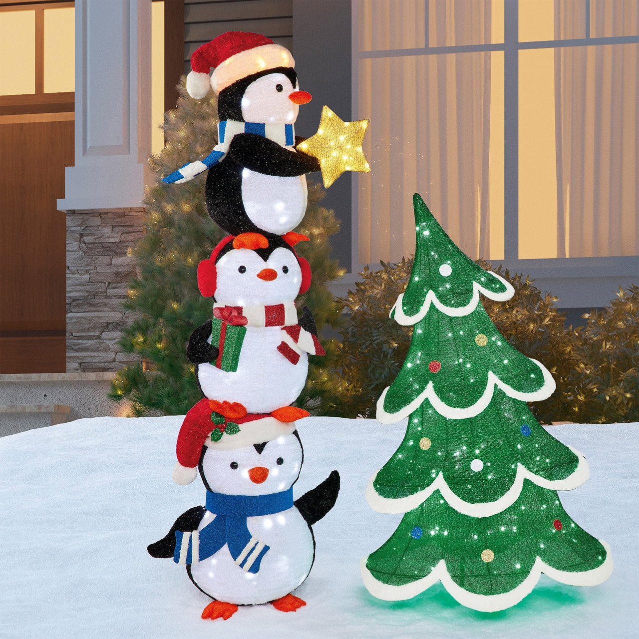 6' Stacked Penguins and Tree with Twinkle LEDs - Image 1