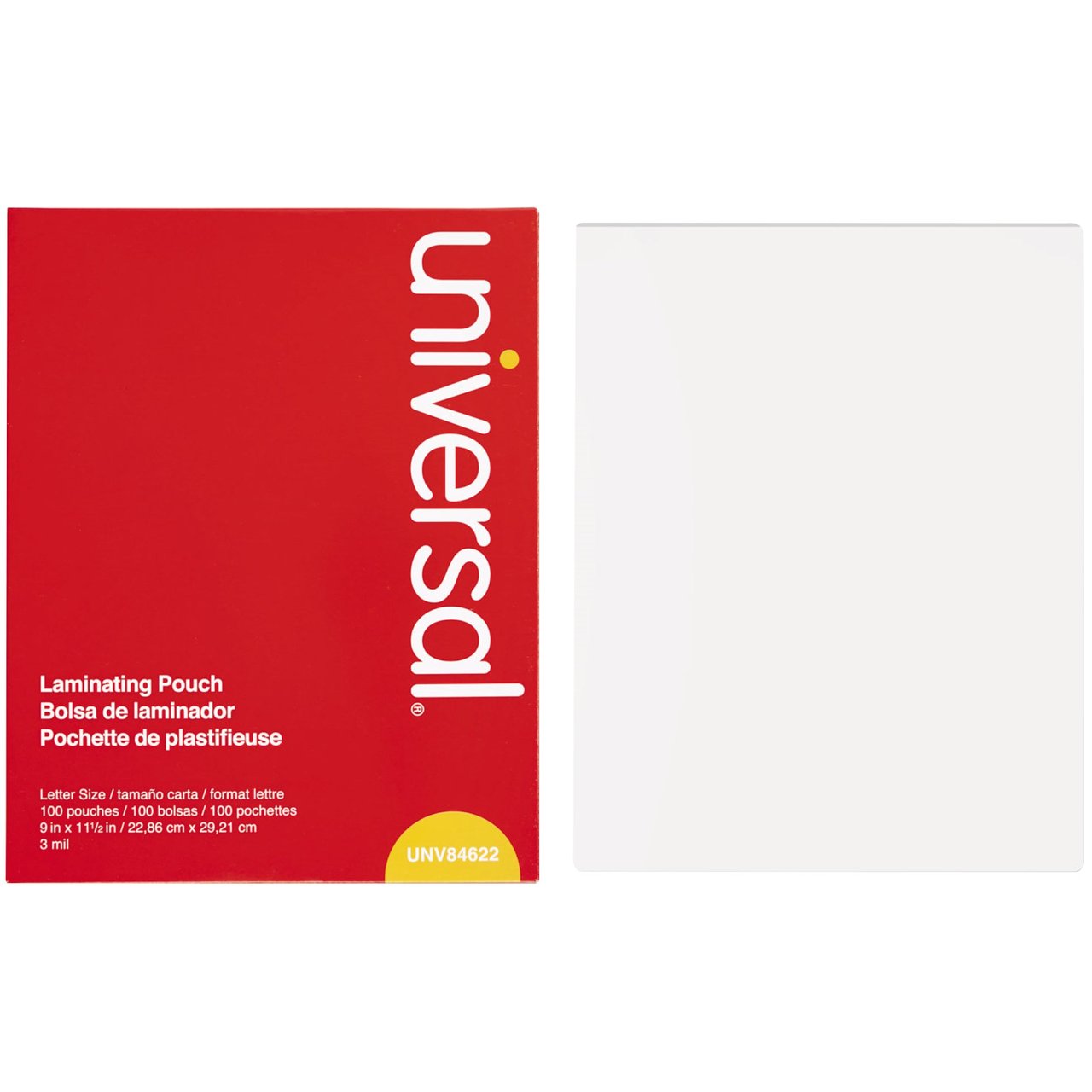 Universal 9" x 14.5" Clear Laminating Pouches, UNV84622, 3 Mil, 100-Count - Image 1