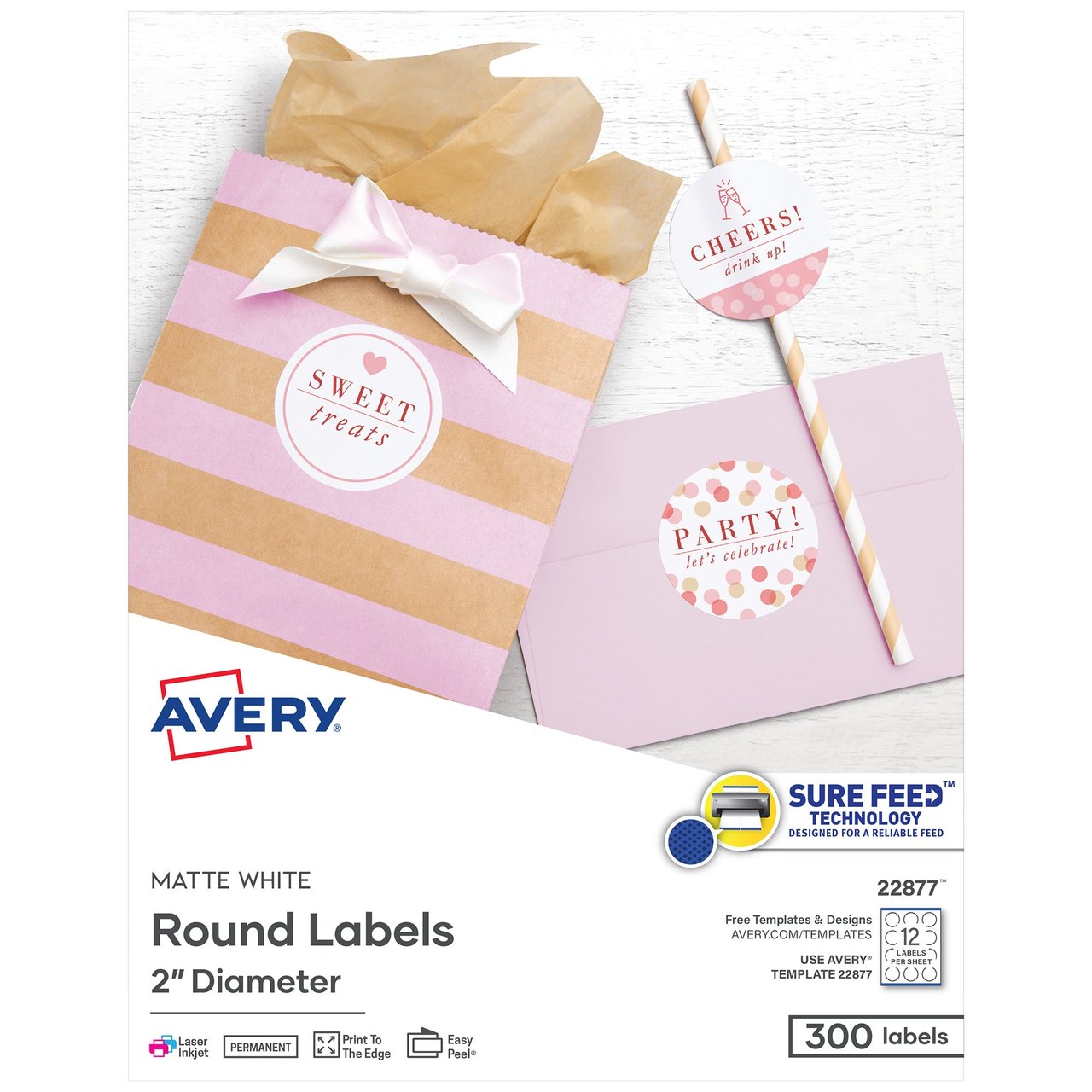 Avery 240 Labels 2" Diameter Gloss Print-to-Edge Round Labels, AVE22807KT, 2-Count