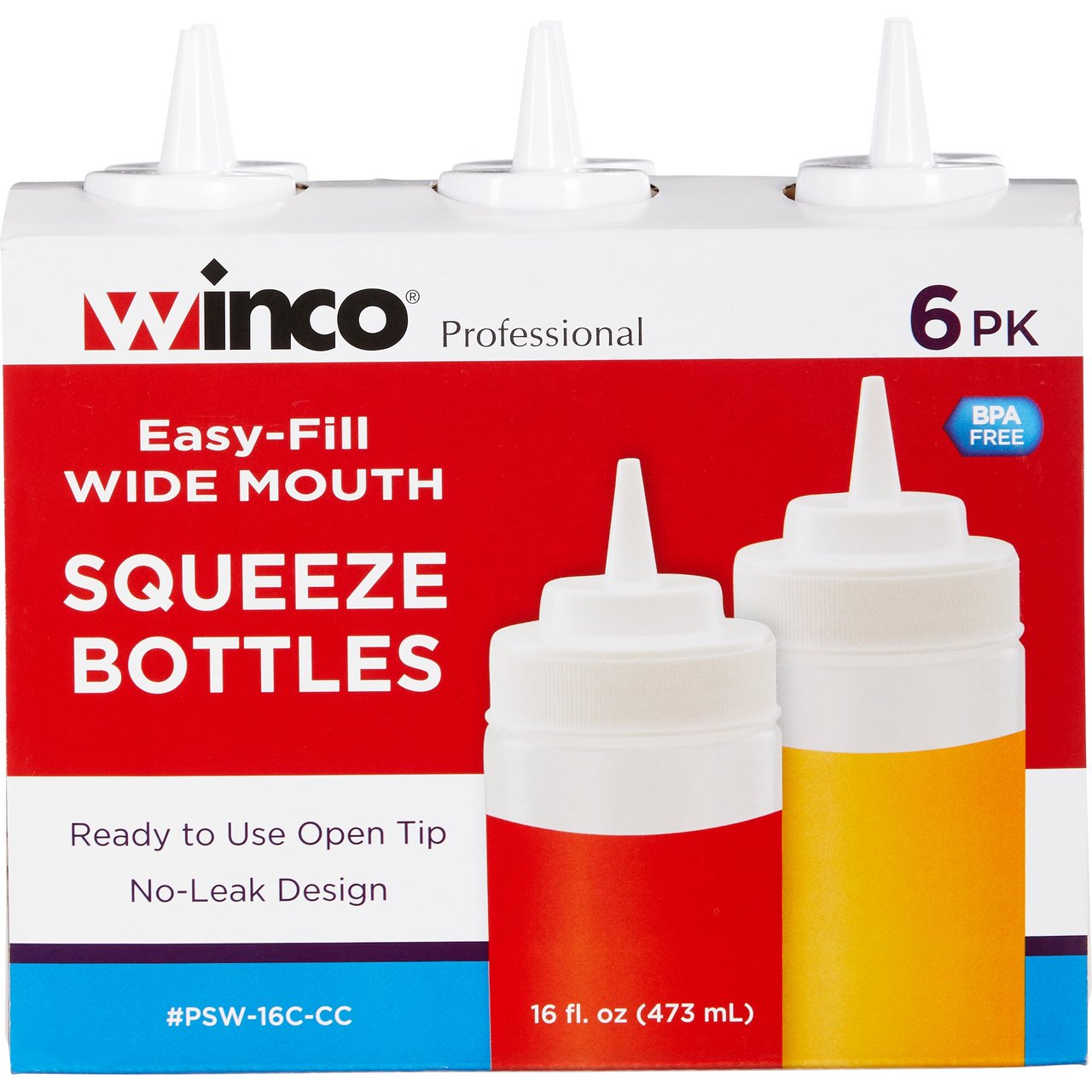 Winco Wide Mouth Squeeze Bottles, 16 oz, 6-Count
