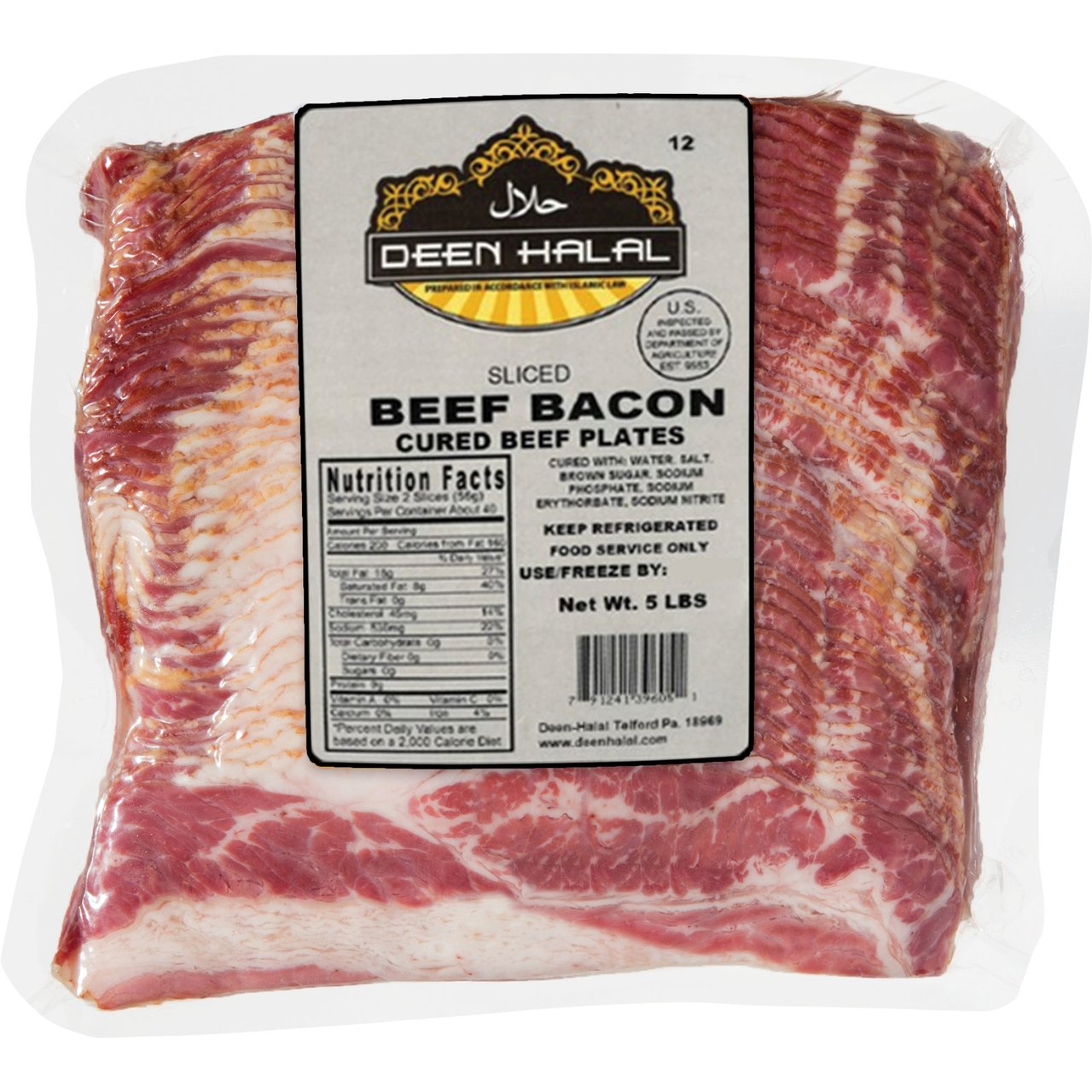 Deen Halal Sliced Beef Bacon, 5 lbs