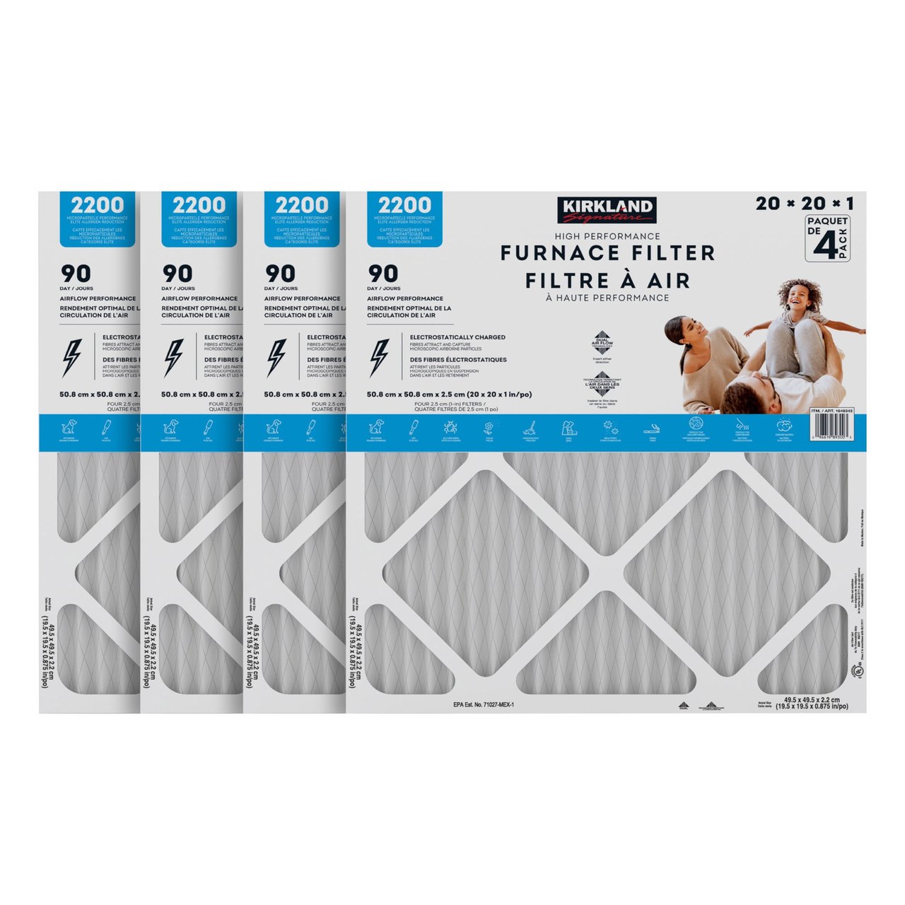 Kirkland Signature 2200 High Performance Furnace Filters, 4-Pack 20" x 20" x 1"