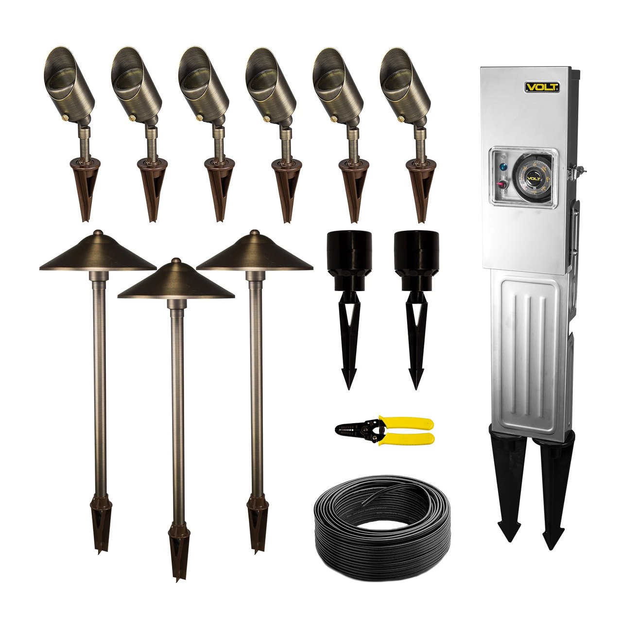 VOLT 9-Piece Path & Area Light LED Landscape Lighting Starter Kit, Brass Finish - Image 1