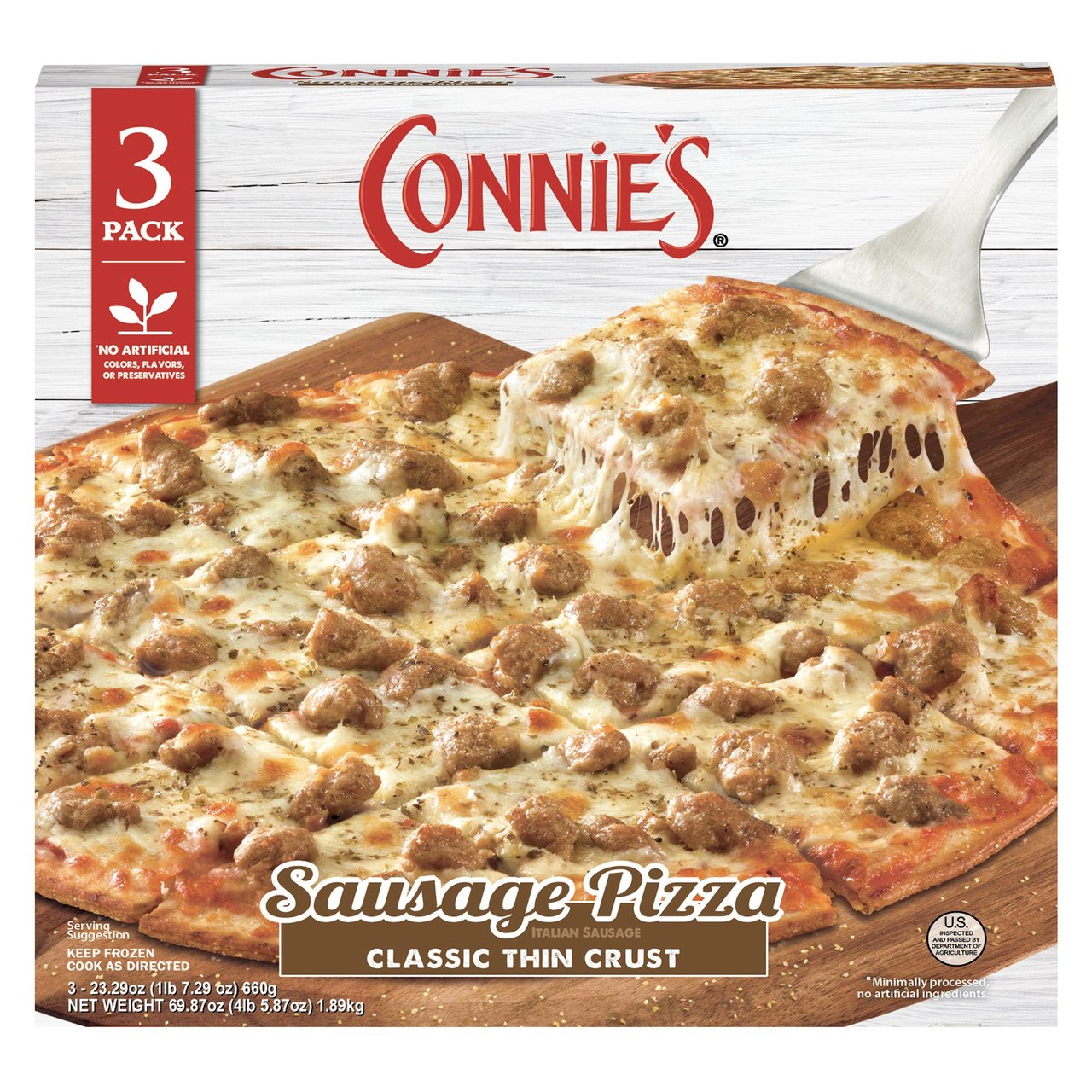Connie's Classic Thin Crust Sausage Pizza, 3-Count Box - Image 1