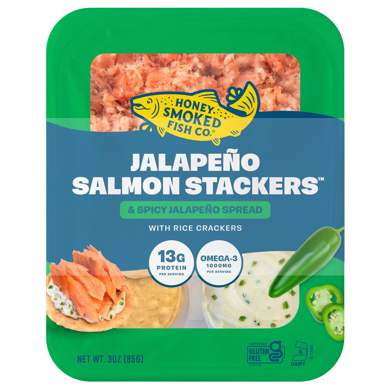 HONEY SMOKED FISH JALAPENO SALMN STACKER 4/3 OUNCE PACKAGE - Image 1