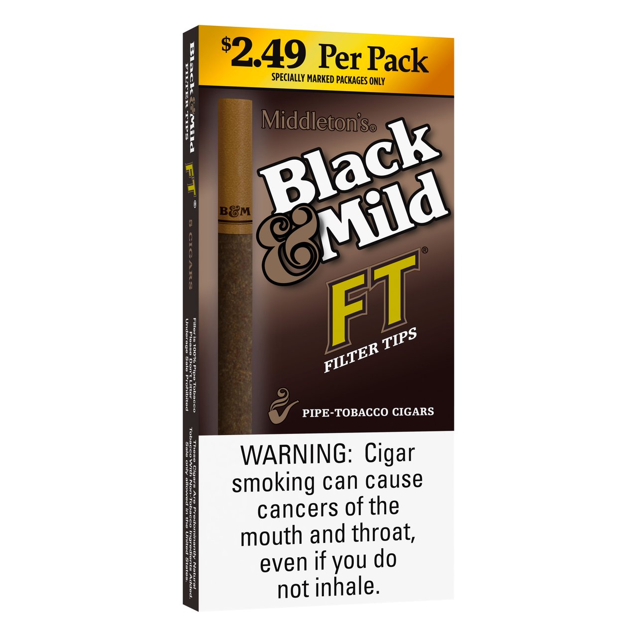 Black & Mild Original Filter Tip Cigars, $2.49 Pre-Priced, 10 Packs of 5  (#1322891)